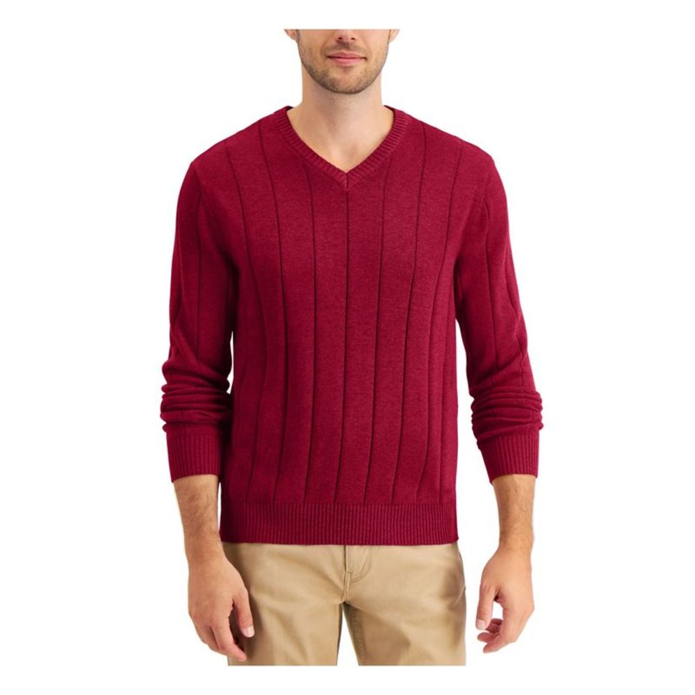 CLUBROOM Mens Burgundy V Neck Classic Fit Cotton Sweater M